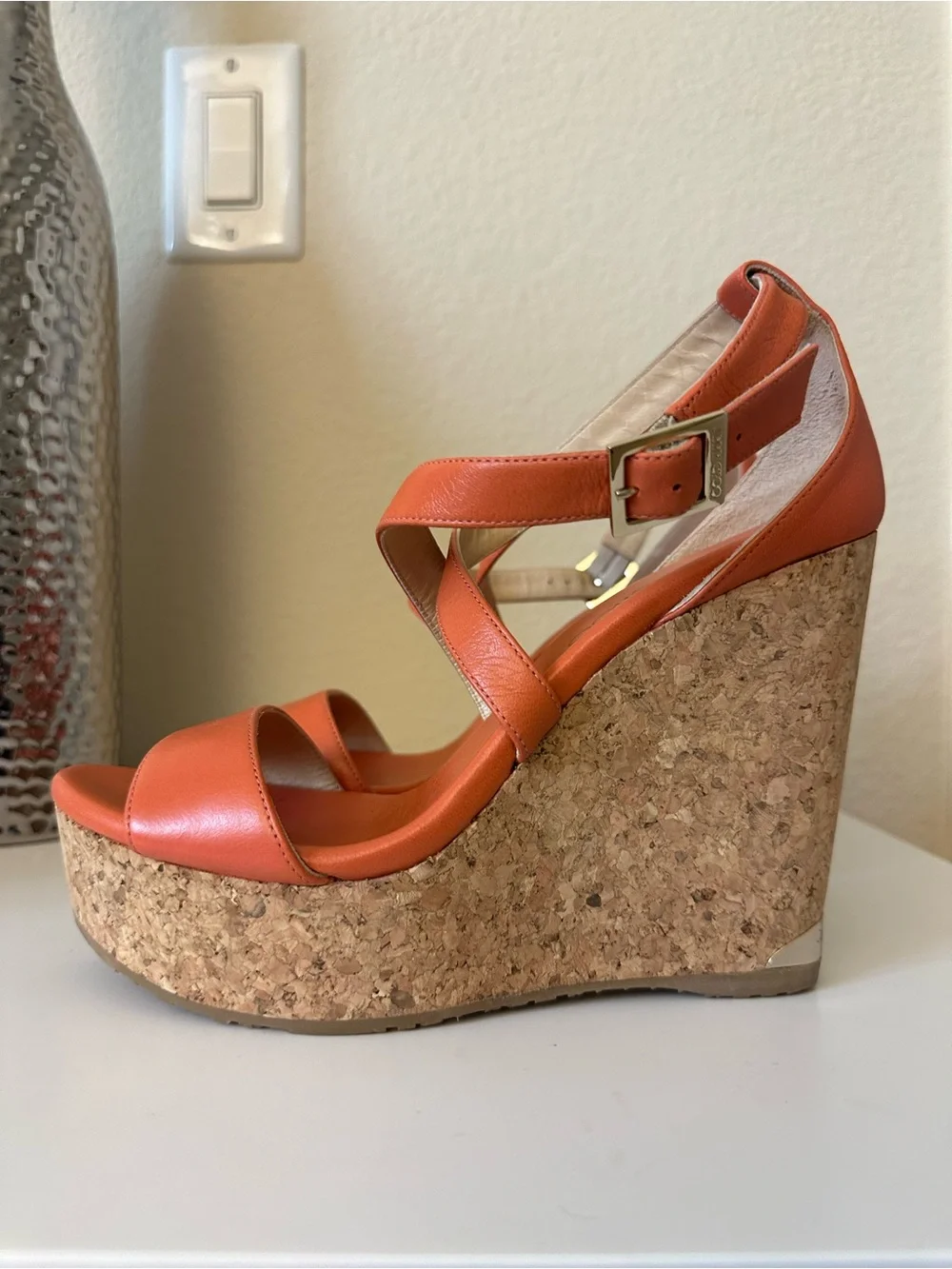 Jimmy Choo Orange Leather Cork Wedge Sandals